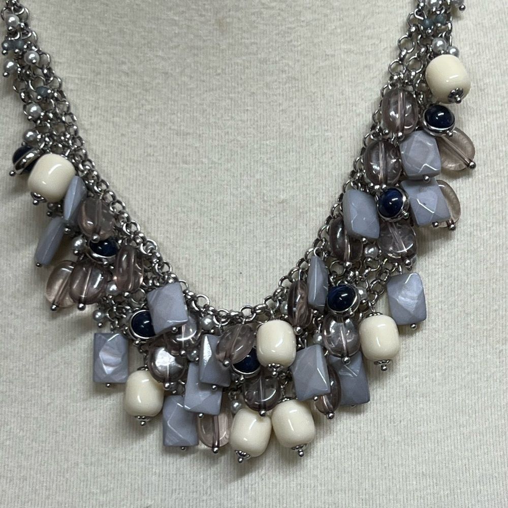 Talbots SilverGray, Navy Blue and Cream Statement Necklace #JW7 - Picture 2 of 8